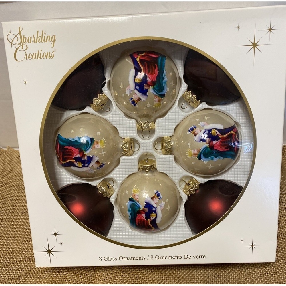 Sparkling Creations Glass Ornaments Wise Men Set Of 8. Vintage Christmas Bulbs